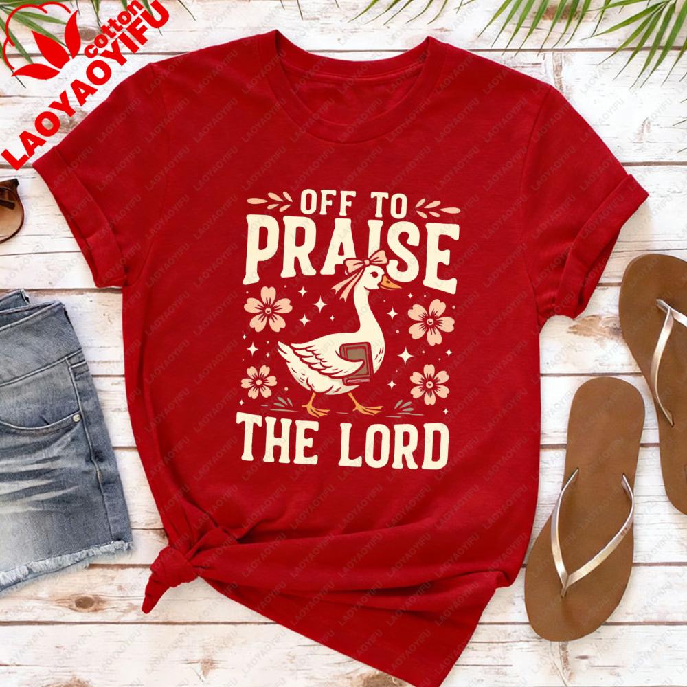 

Off To Praise The Lord TShirt Bible Verse Christian Tee Faith Goose Shirt Trendy Church Christianity Graphic Tshirt Women Tops S