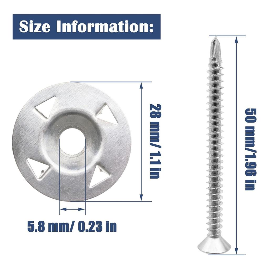 200 Pcs Foam Board Fasteners Kit Washers for Insulation Foam Board Panels 100Pcs 1-1/8 Inch Galvanized Steel Washer and 100Pcs Screws for Fixing