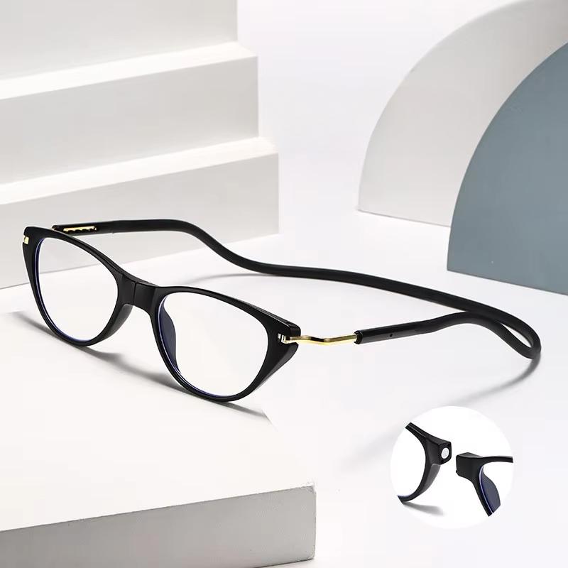 Men Women Anti Blue Light Cat Eye Hanging Neck Reading Glasses Silicone Soft Rope Anti-lost Scalable Portable Reading Eyeglasses