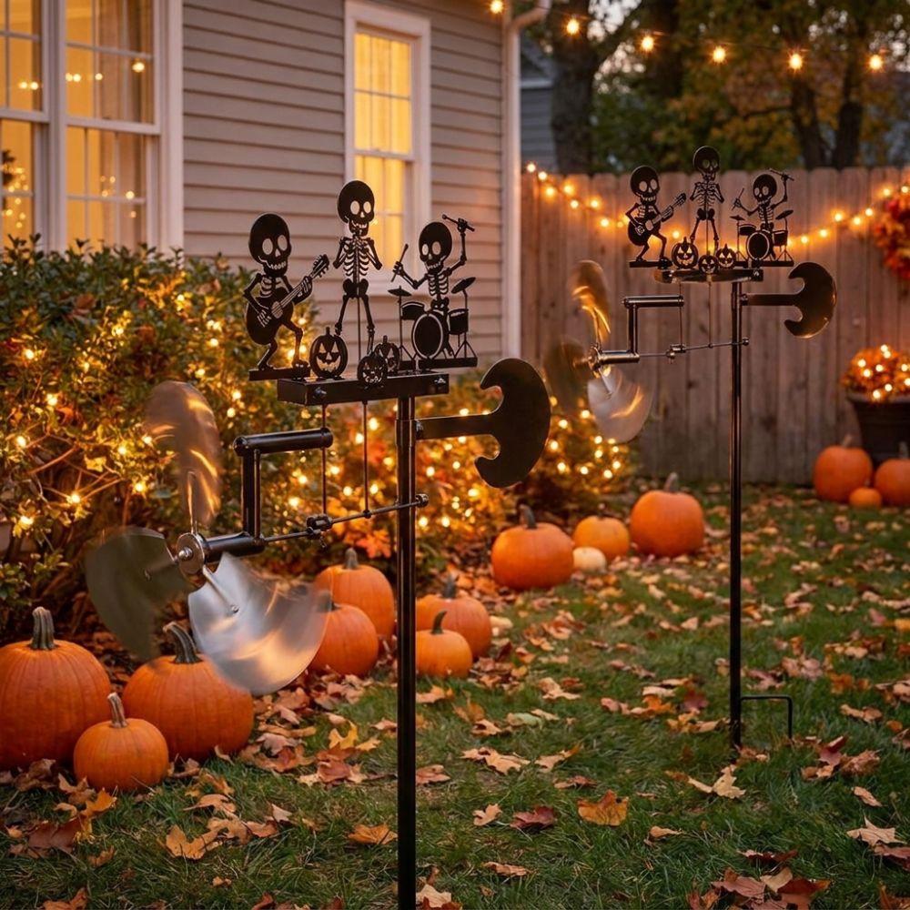 Heavy Duty Rock Trio Skeleton Wind Spinner Wind-Powered Musical Skull Garden Stake Courtyard