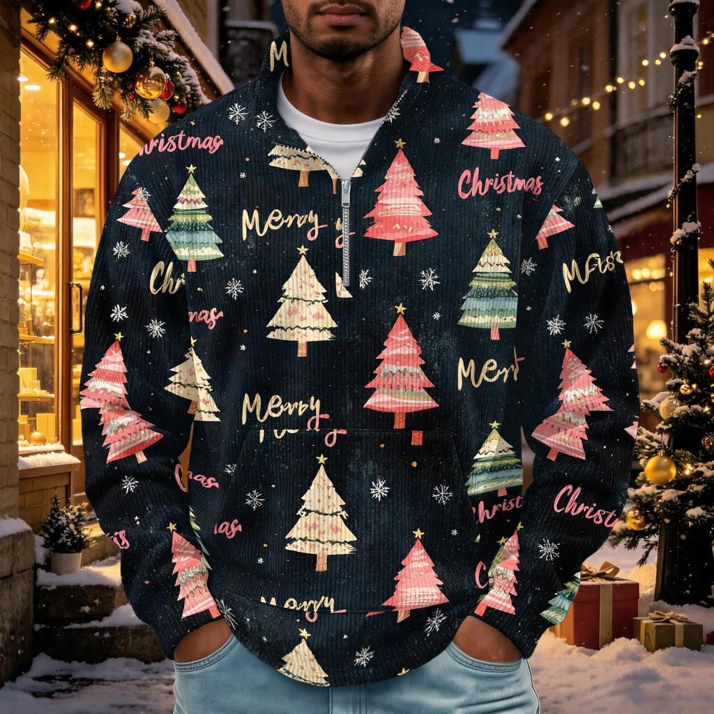 Men's Retro Corduroy Christmas Print Long Sleeve 1/4 with Stand Collar and Pocket