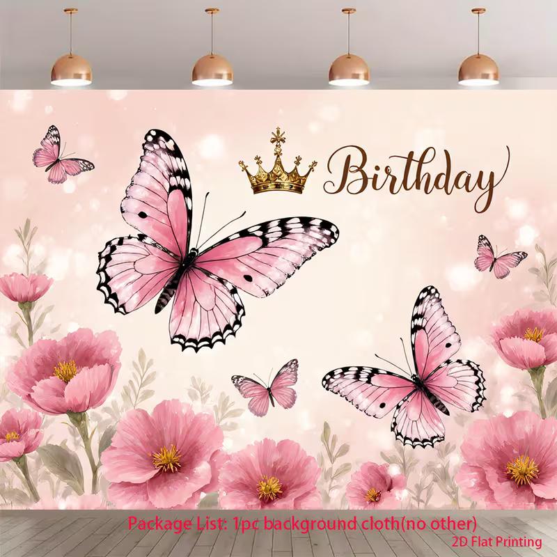 

2D Princess Birthday Backdrop Pink Butterflies & Golden Crown Party Background Cloth 47.2x31.5inch/120*80cm
