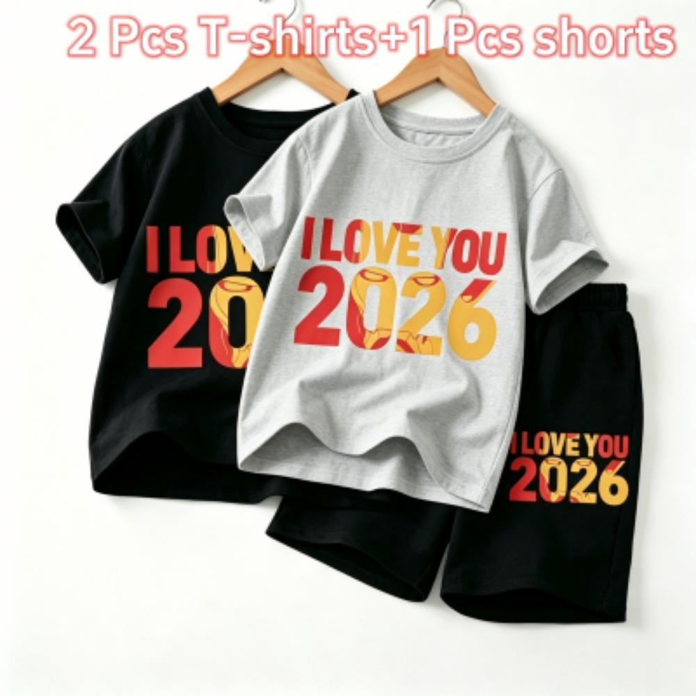 Fashion Letters I Love You 2026 Print Outdoor Street Kids T-shirt and Shorts Summer Home Casual Outfit Boy and Girl's Sports Set