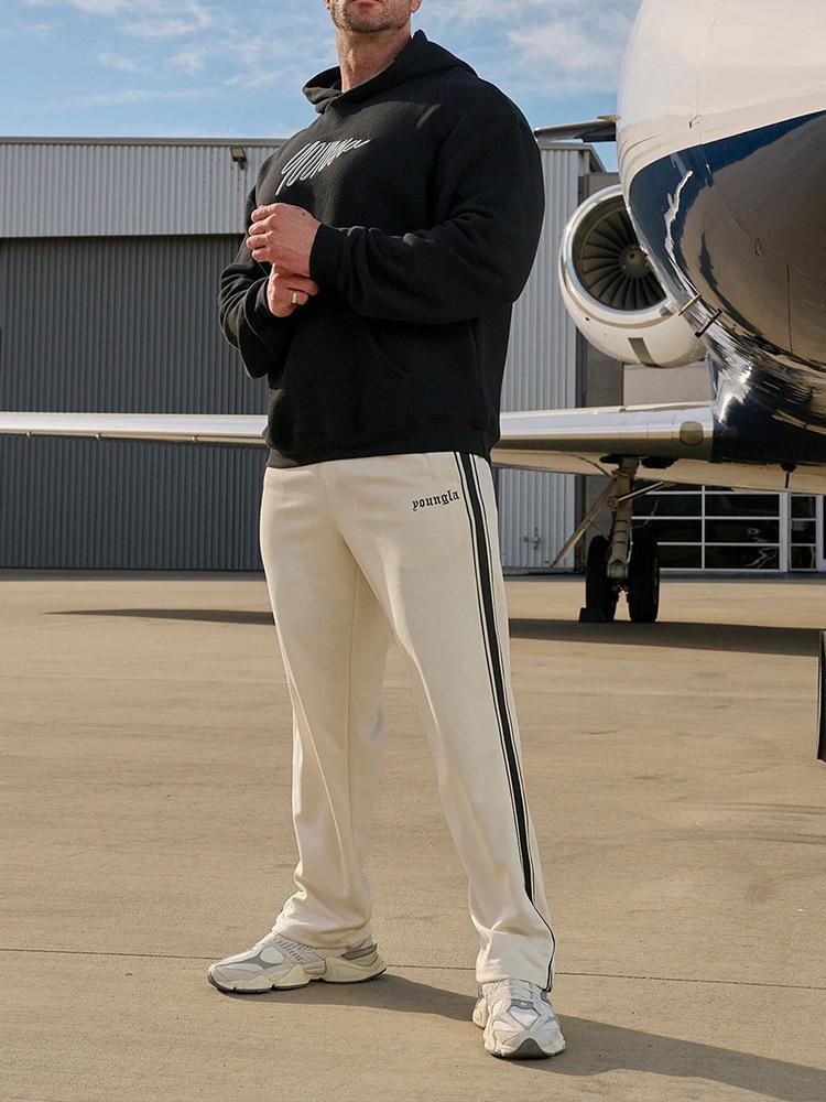 Men's Black and White Striped Ribbon Stitching Trousers: Embroidered Casual Fitness Sweatpants for Teens