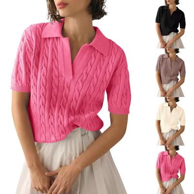Modischer, kurzärmliger, einfarbiger Strickpullover mit V-Ausschnitt für Damen