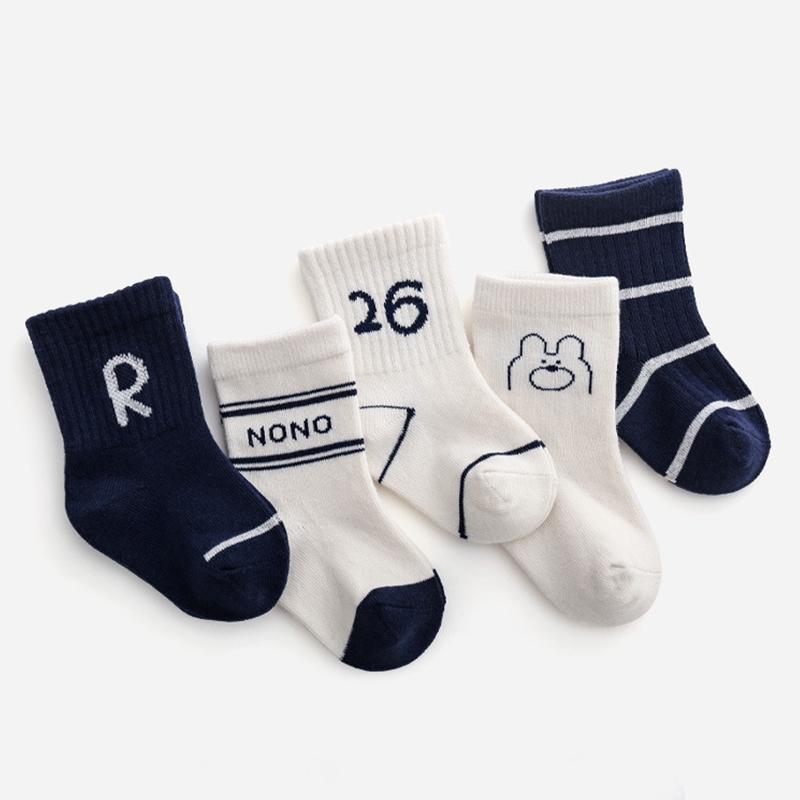 5 Paires/Lot Chaussettes Bébé Rayées Mignonnes Ours Dessin Animé Lettre Nouveau-né Chaussette Mi-Mollet Printemps Automne Coton Doux Chaussettes Nourrisson