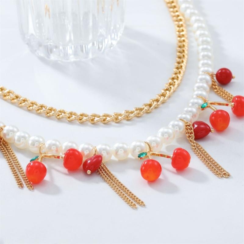 Stylish Cherrys Pendant Necklace With Double Layer Tassels Designs Decoration for Elegant Look Styles Daily Use