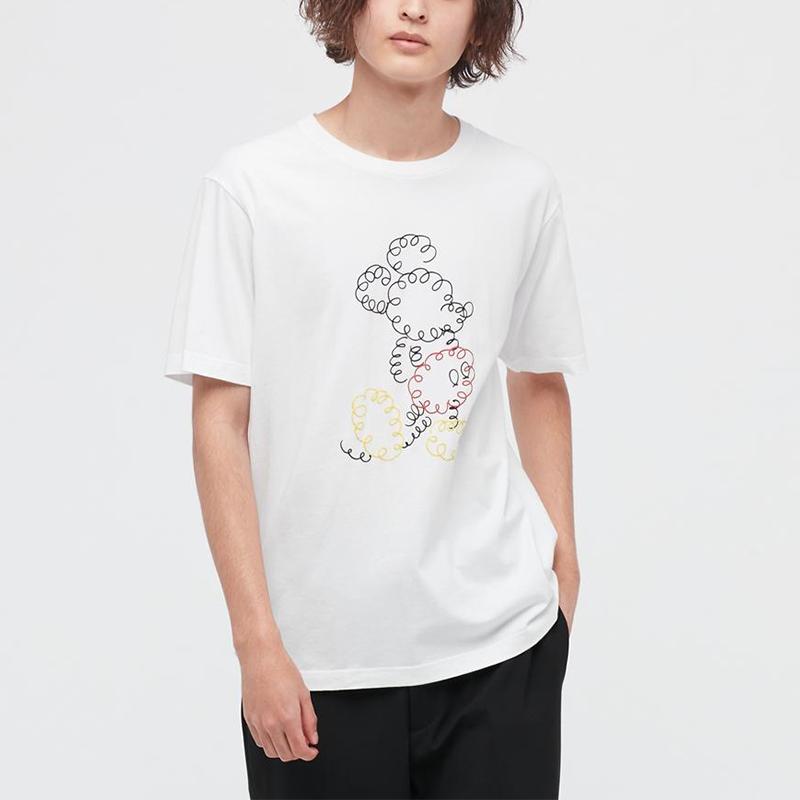 Uniqlo Cartoon Mickey Print Crew Neck Cotton T-Shirt Unisex Tops White 447175-00