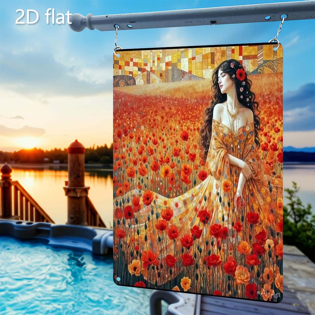2D Flat, 1pc Floral Field Woman Wall Art - Tinplate Metal Sign Painting, 20.32x30.48 cm Indoor/Outdoor Hanging Decor, Vibrant Re