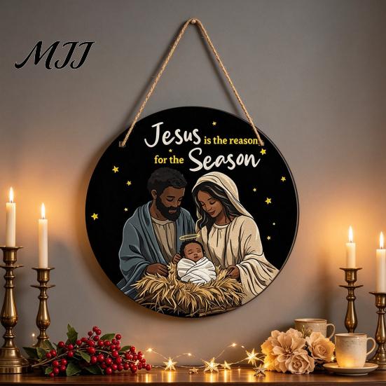 Waterproof Holiday Porch Sign Christmas Hanging Sign, Round Wooden Welcome Cute Dog Gingerbread Front Door Man for Wall Decor