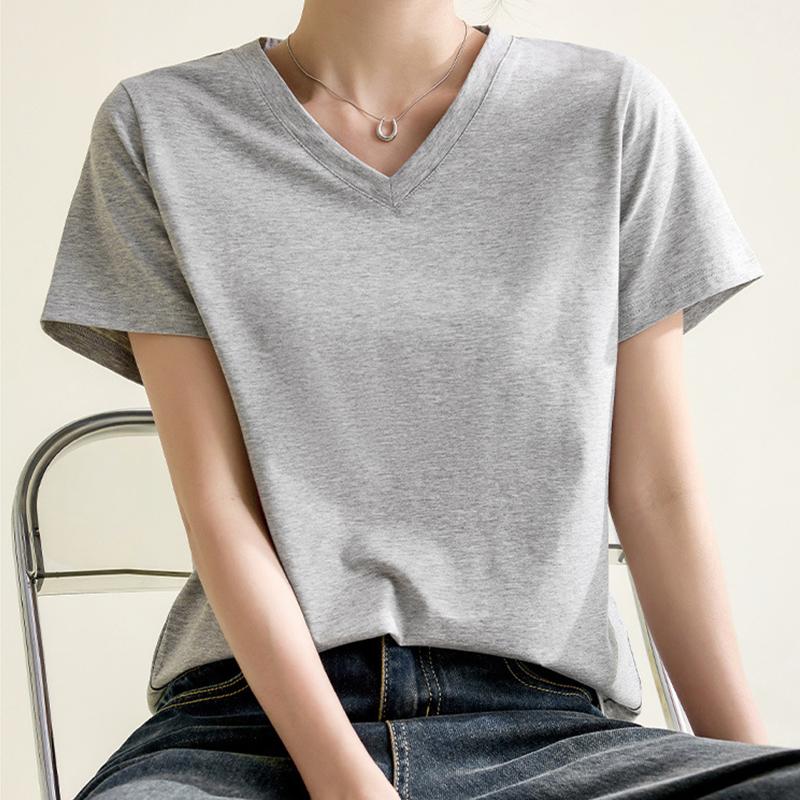 Solid Color Right Shoulder V-neck Cotton T-shirt for Women 2024 Spring and Summer New Style Loose and Slim Inner Pullover Short-sleeved Top