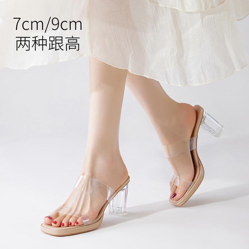 Thick-soled beautiful waterproof table sandals women's thick heels summer new transparent crystal high heels nude cool slippers