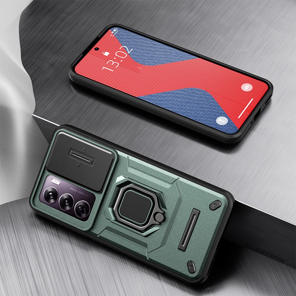 KEYSION Shockproof Case for OPPO Reno 12 Pro 5G Slide Push Pull Camera Lens Protection Ring Stand Phone Cover for OPPO Reno12 5G