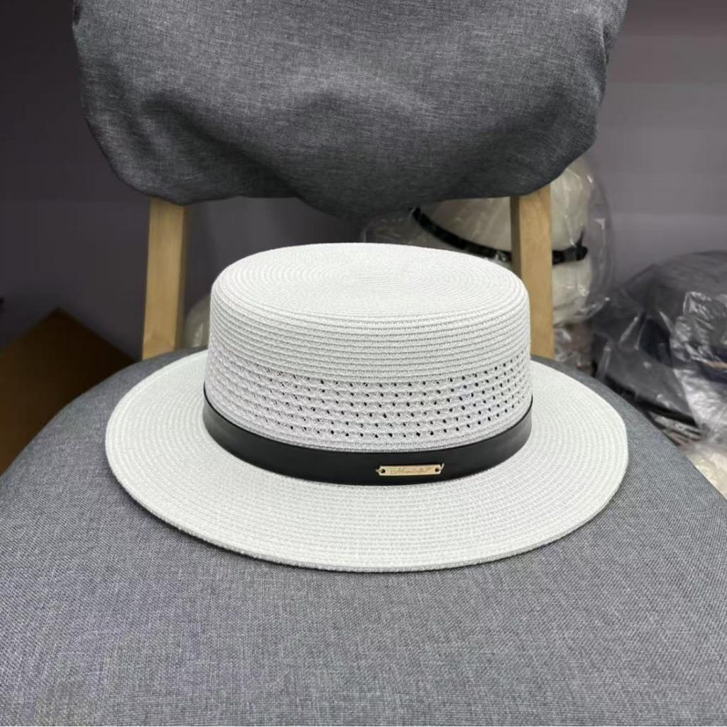 Straw summer new French hollow flat top straw hat unisex sunshade sunscreen vacation breathable top hat