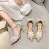 Tacchi Alti con Cinturino alla Caviglia e Fiocco in Perle Donna Stiletto Fiore Fatato Scarpe da Sposa Eleganti Scarpe Décolleté per Feste Serale Tacones Mujer