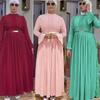 African Women's Muslim Long Sleeve Chiffon Pleated Skirt Dress with Belt