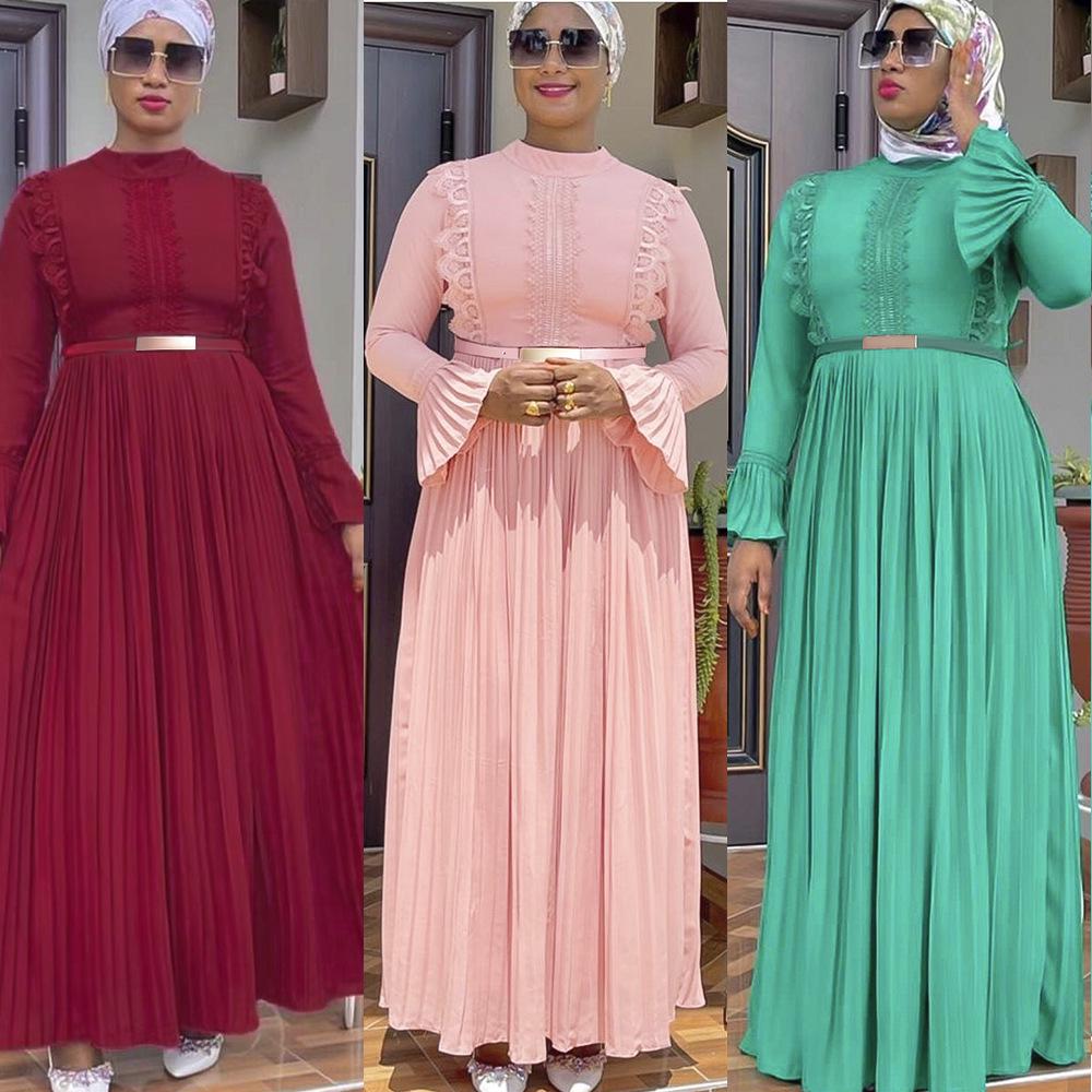 African Women's Muslim Long Sleeve Chiffon Pleated Skirt Dress with Belt