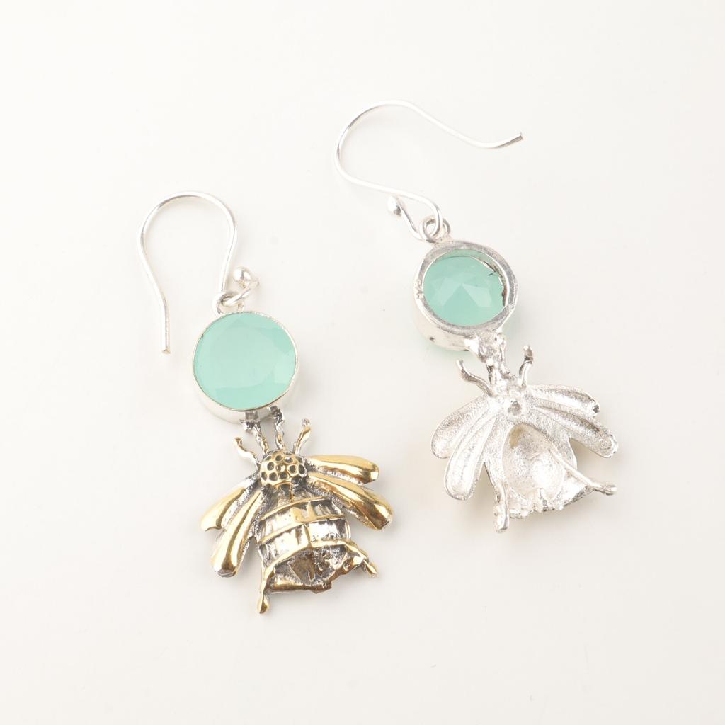 Aqua Chalcedony Gemstone 925 Sterling Silver Jewelry Handcrafted Bee Earrings 2" EE-154-14