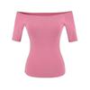 One-word collar medium-sleeved T-shirt women's summer new American Spice Girl solid color slim-fitting short bottoming top
