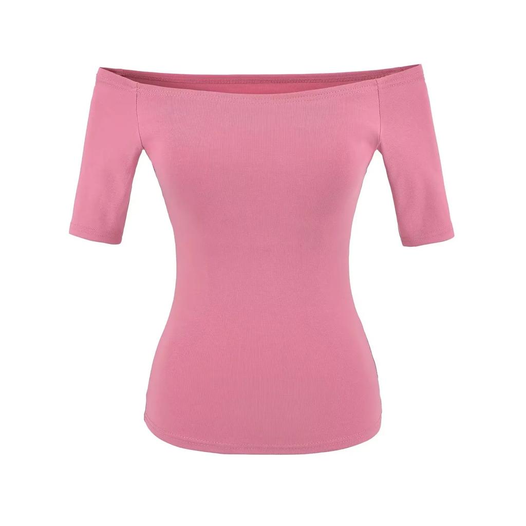 One-word collar medium-sleeved T-shirt women's summer new American Spice Girl solid color slim-fitting short bottoming top
