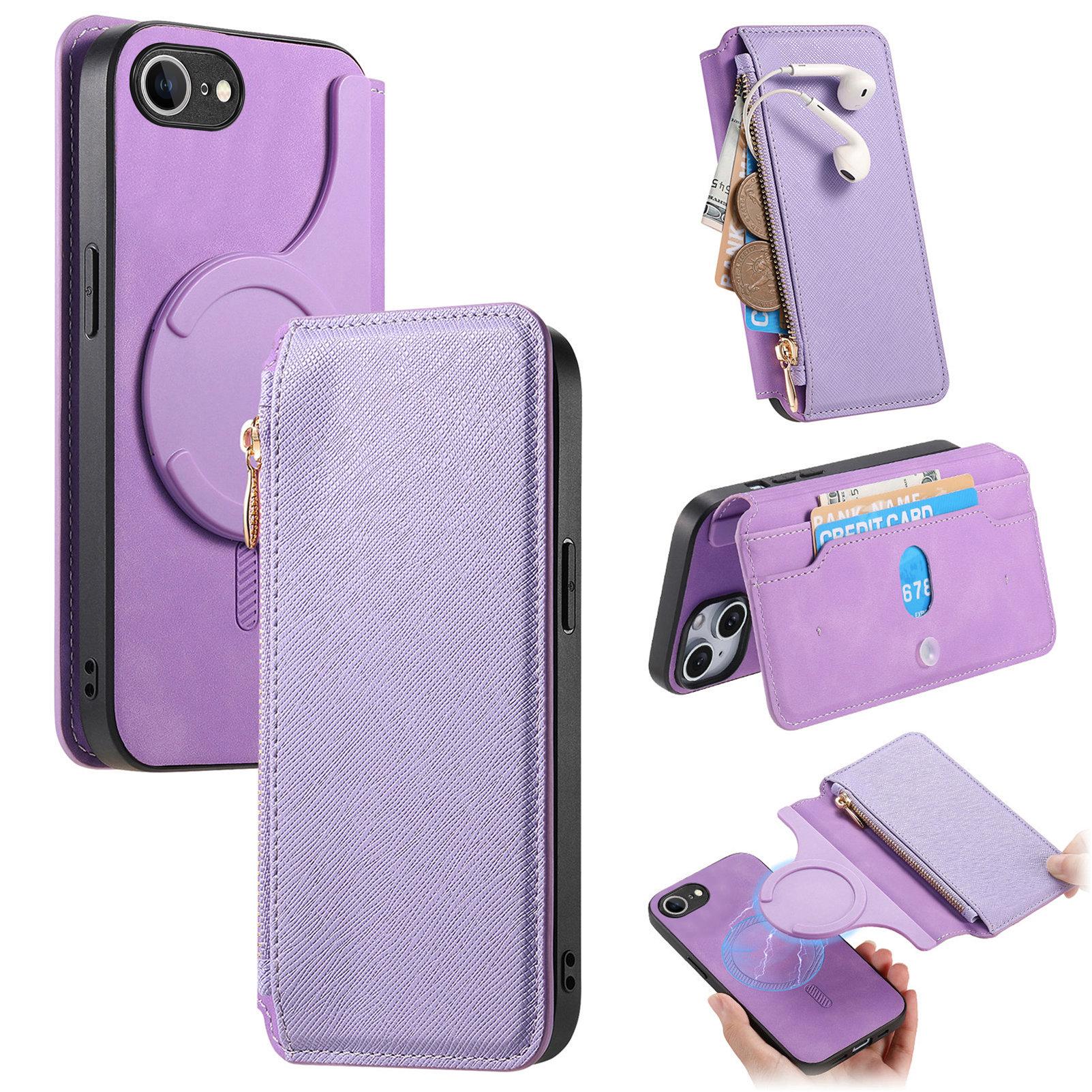 

For iPhone 16e Leather Case CASENEO Cross Texture Detachable Magnetic Phone Cover Wallet Stand Purple