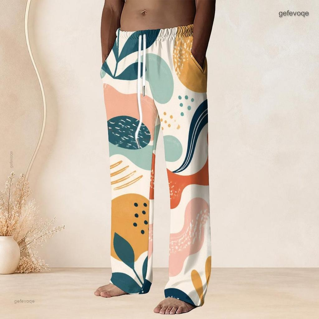 Men S Plus Size Printed Drawstring Waist Straight Leg Full Length Beach Pants With Pockets