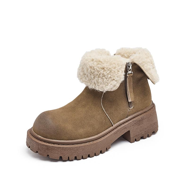 Augustine Fleece Martin Boots Women's Winter 2025 New Thickened Brown Short Boots Thick Heel Platform Snow Cotton Shoes