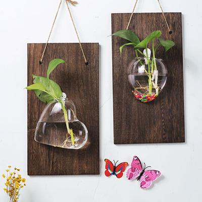 Cam Duvar Saksısı Ahşap Tahtalı Asılı Vazo Hidroponik Bitkiler Çiçekler Ev Ofis Dekoru için Yassı Çiçek Vazosu