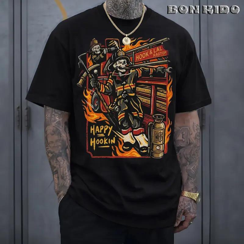 Hook & Lookin Firefighter T-Shirt ? Skeleton skull graphic shirt S