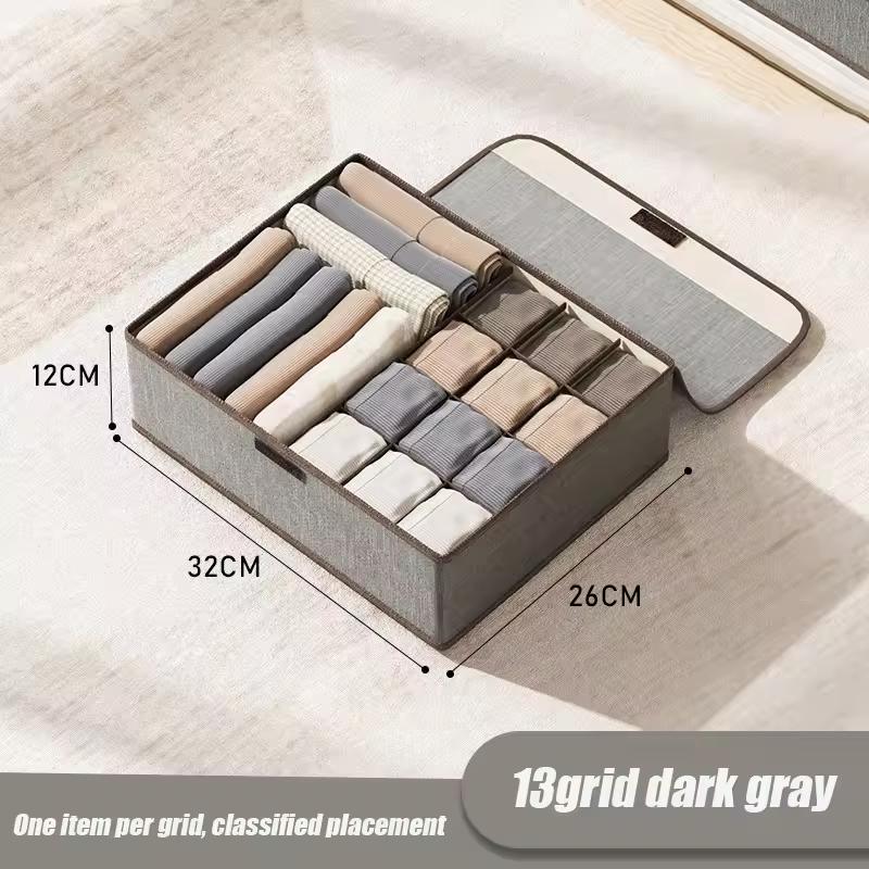 Underwear Storage Box Cotton And Linen Six-compartment Compartment With Lid Underwear Box With Compartments Drawer Style