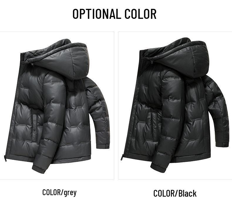 2025 Winter Men's Shiny Leather Hooded Down Jacket - Casual, Warm, Pure Color Outerwear