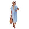 Women's Casual Loose Solid Color Short Sleeved Long Slit Shirt Dress with Shoulder Sleeves and Button Up Dress