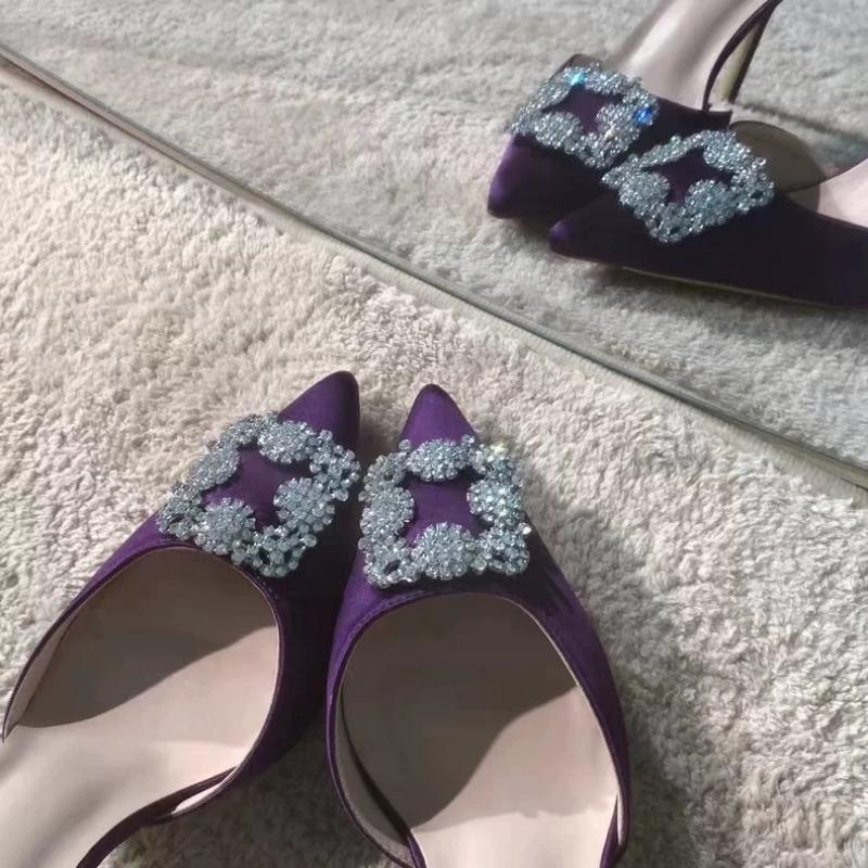 

Sun Zhihui summer new sandals rhinestone pointed square buckle bag head thin heel high heels wear half drag women 34