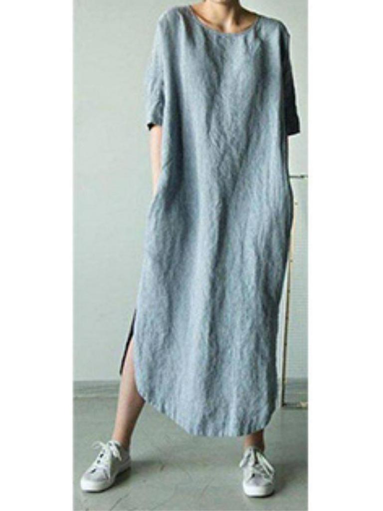 2024 Solid Color Crew Neck Side Slit Mid-Calf Dress with Short Sleeves