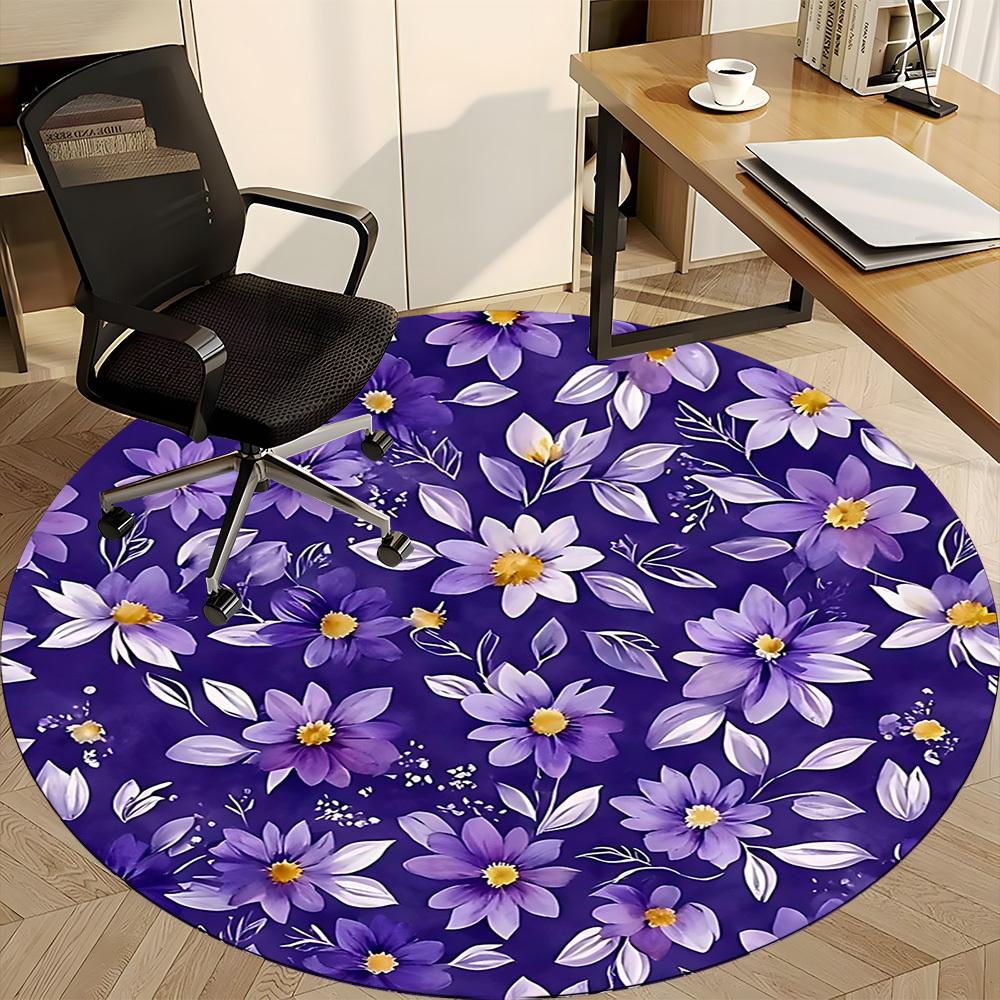 1pc Purple Floral Print Chair Carpet for Office, Round Non Slip Durable Large Size Office Carpet, Suitable for Office