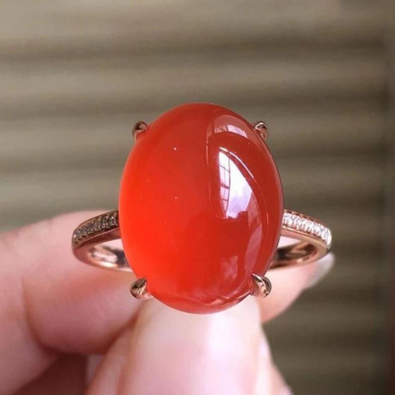 Classic Design Inlaid with Natural Chalcedony Red Large Oval Rings for Women Charm Minimalist New in Engagement Jewelry