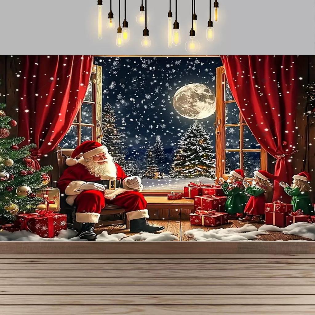 Christmas Red Curtain Decoration Backdrop Winter Snow Scenery Fireplace Santa Claus Photography Backdrop Holiday Party Supplies