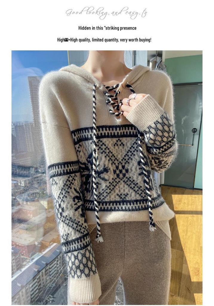 Women's 100% Pure Wool Color Block Hooded Pullover – Thickened Australian Knit Base Layer for Autumn/Winter