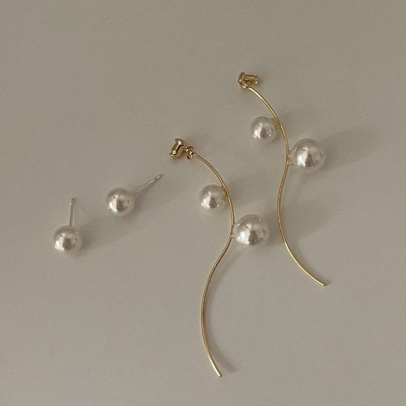Personality light luxury curve tassel stud earrings women, simple long pearl earrings temperament earrings