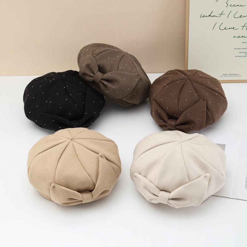 Women S Autumn Winter Rhinestone Beret Newsboy Hat Face Slimming Vintage Literary Cap