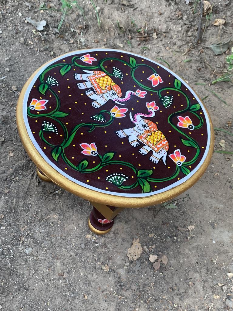 Hand Painted Wooden Chowki Bajot | Round Elephant Design Stool Table