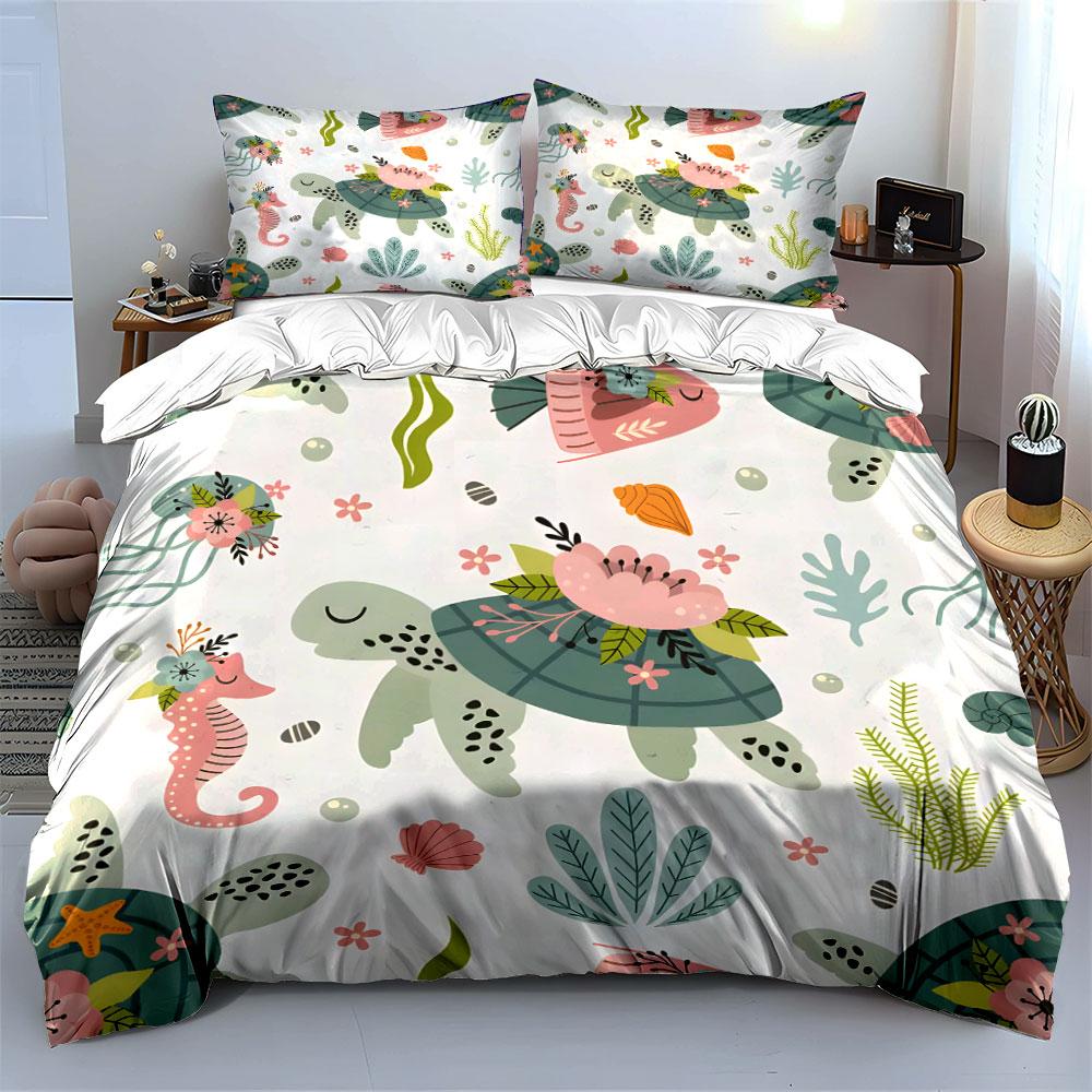 Sea Turtles and Floral Pattern Bedding Duvet Cover Set  (1*Duvet Cover 2*Pillowcases, Without Duvet Insert)