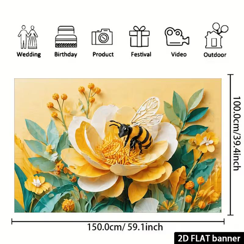 2D Spring Bee Flower Backdrop, Paper Art Style Bee On Yellow Bloom Photo Background