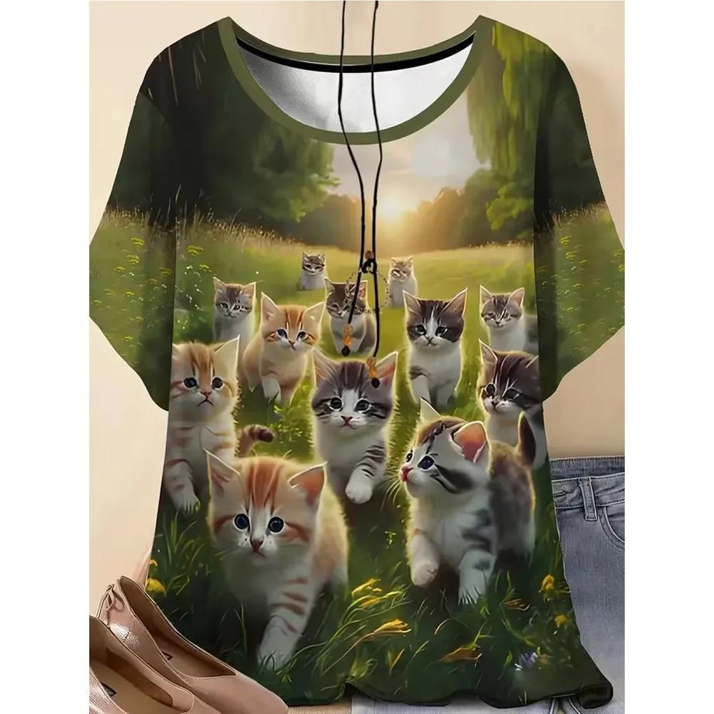 Animals Fun 3D Printed Short Sleeved T-shirt Fashionable Comfortable Soft Breathable Large Loose Summer Womens T-shirt