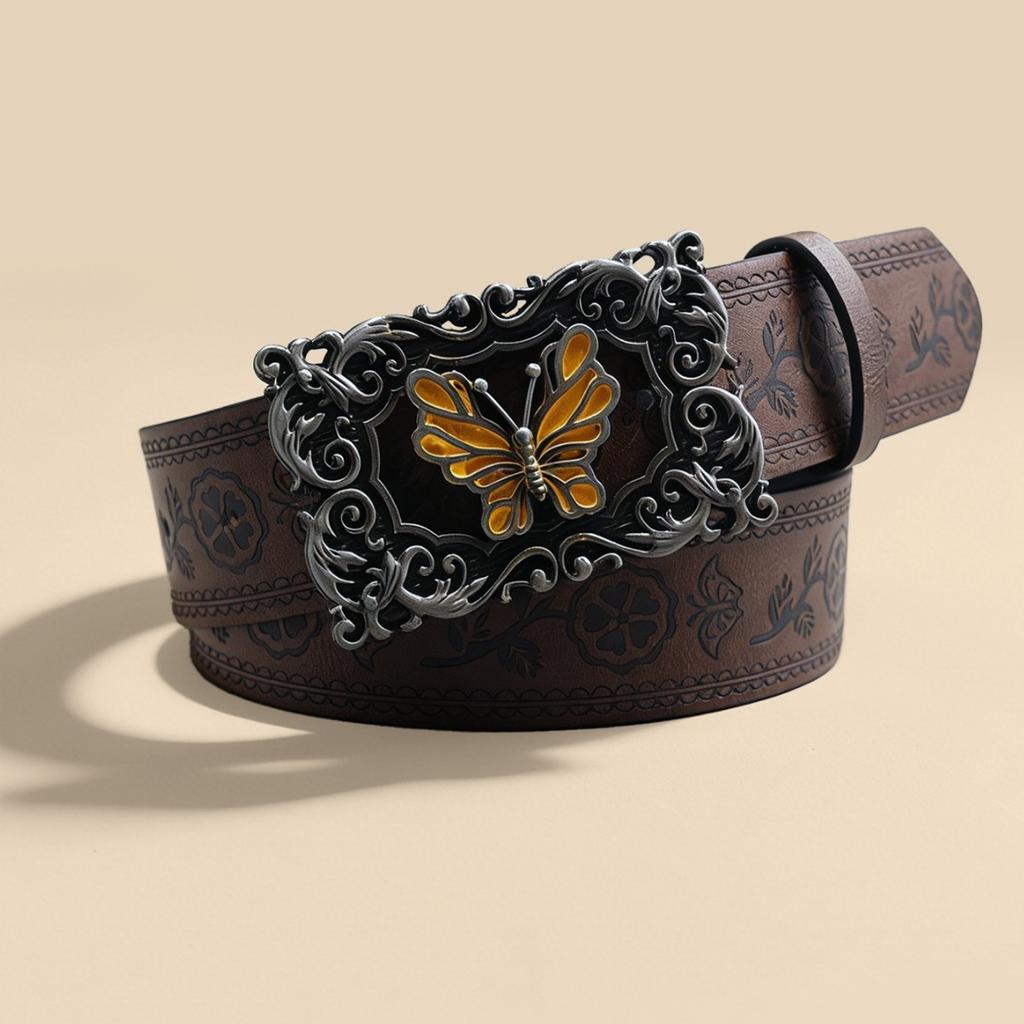 Retro hollow yellow butterfly buckle wide belt, flower embossed PU versatile denim belt wholesale