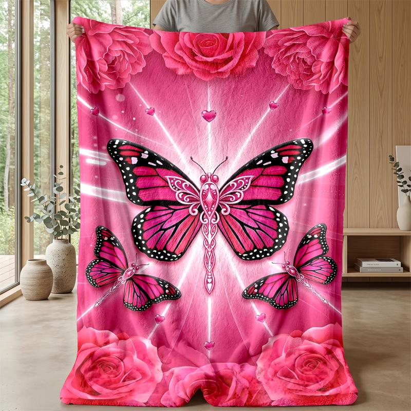 Pig with Flower Necklace Among Butterflies and Roses Theme Blanket Lightweight Warm Flannel Blanket Decorative Throw Blanket for Home Decoration