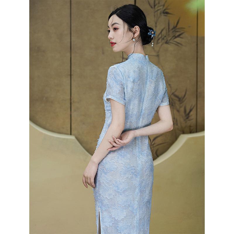 New Chinese cheongsam 1011 new temperament improved blue summer simple and elegant long slim dress