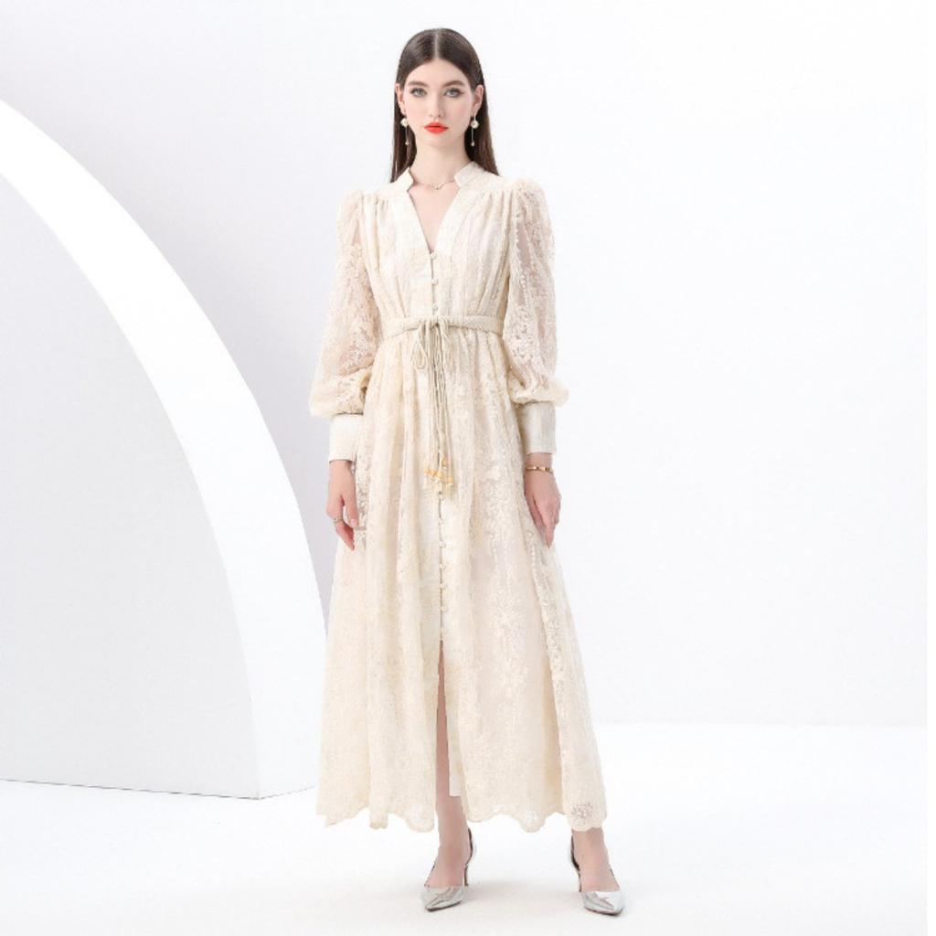 Women's V Neck Long Sleeve Maxi Dress Slim Fit High Waist Elegant Lace A Line Dress