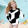 Girls High Neck Long Sleeve Front Zip One Piece Swimsuit Black White Geometric Printed