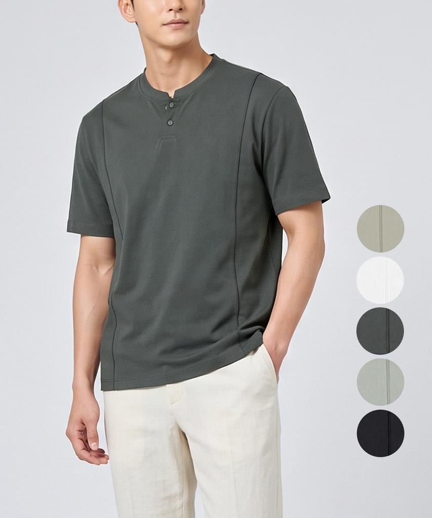KIM YOUNG JOO GOLF Summer Cool Shine Cotton Henley Neck Lightweight Men'S Golf Short Sleeve T-Shirt Kqmmts44